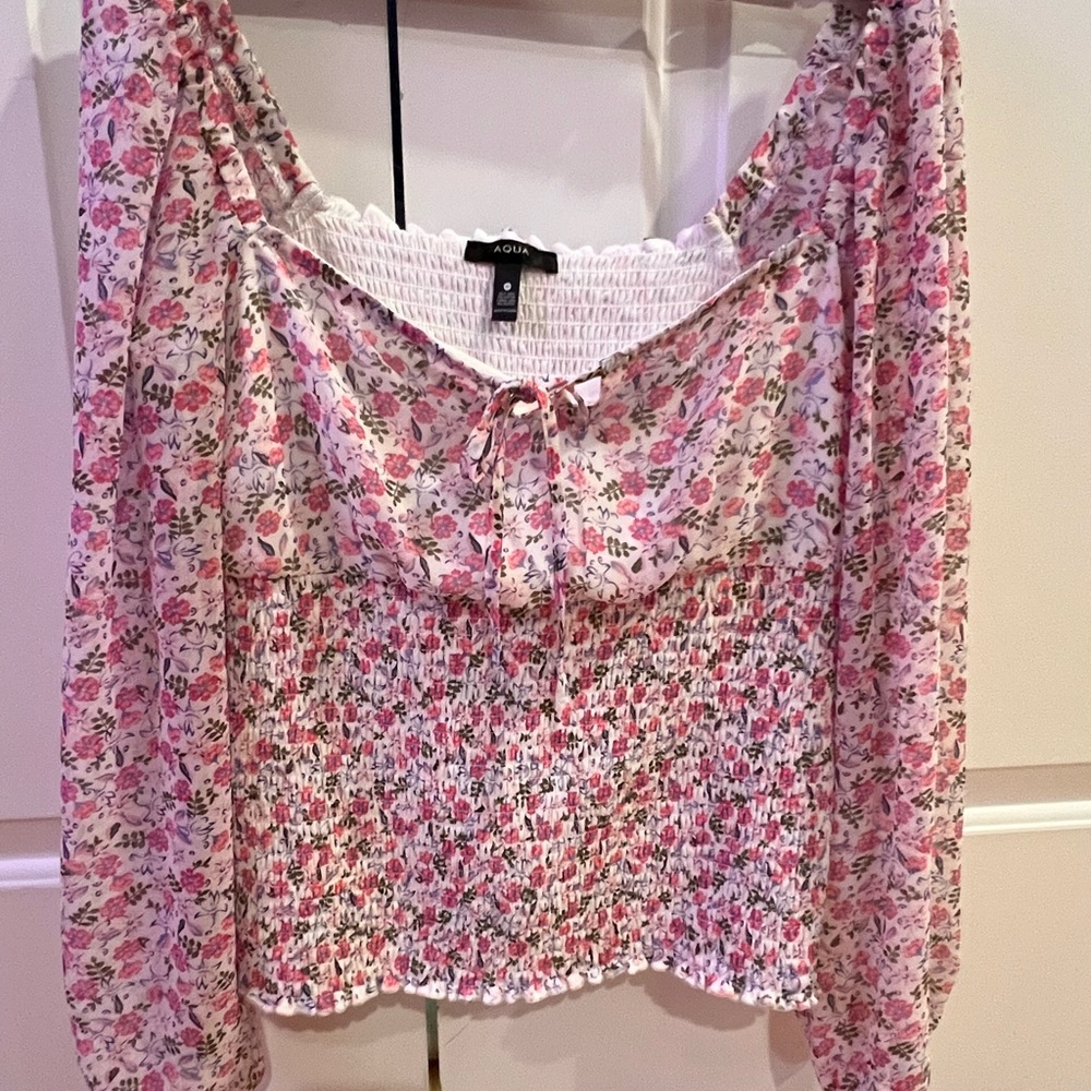 Aqua Pink Floral Smocked Blouse